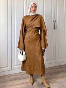 Elenzga Women's Shawl Long Sleeve Textured Dress - Coffee - View 7