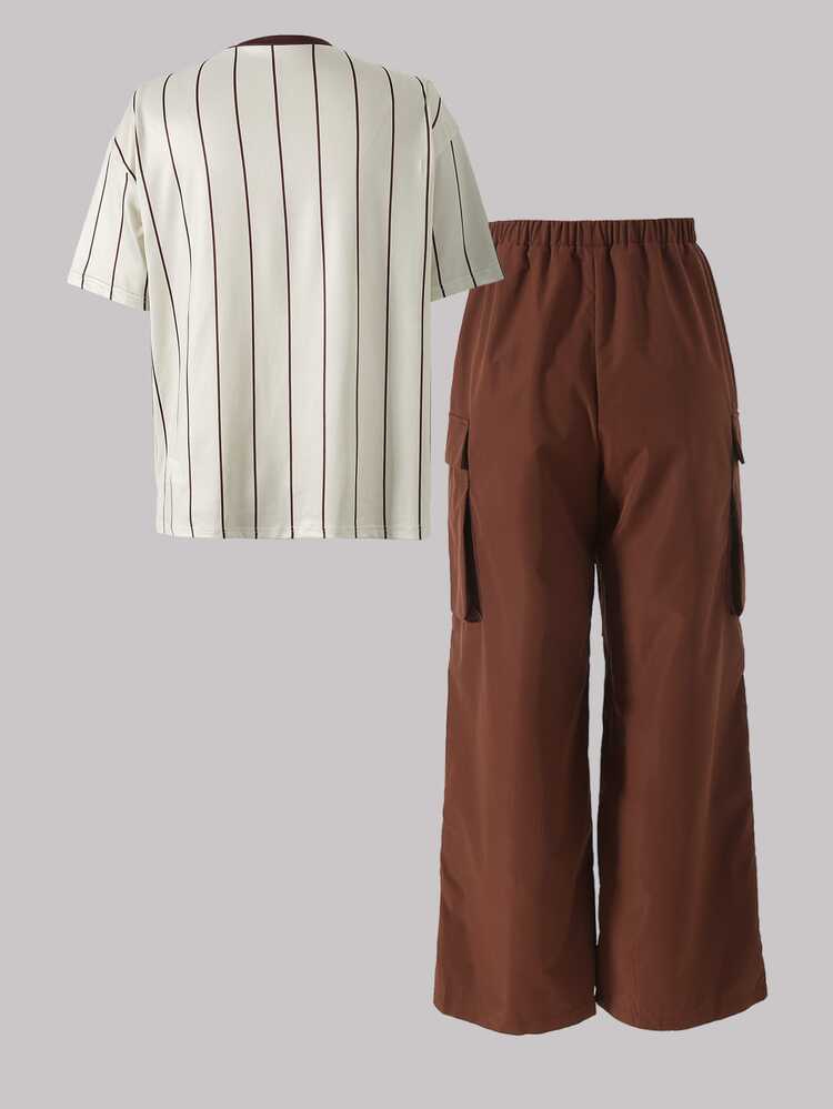 SHEIN Teen Girls Casual Street Outdoor Campus Commute Fashion Round Neck Drop Shoulder Short Sleeve Digital Print T-Shirt With Mid-Waist Elastic Waist Pocket Cargo Pants Long Pants Versatile Back To School Spring Summer Autumn Outfit - Brown - View 2