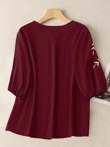 Linhara Plus Size Women Elegant Collar Contrast Color Pull-Cord Printed Blouse Fall - Burgundy - View 2