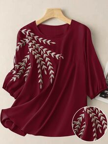 Linhara Plus Size Women Elegant Collar Contrast Color Pull-Cord Printed Blouse Fall - Burgundy - View 1