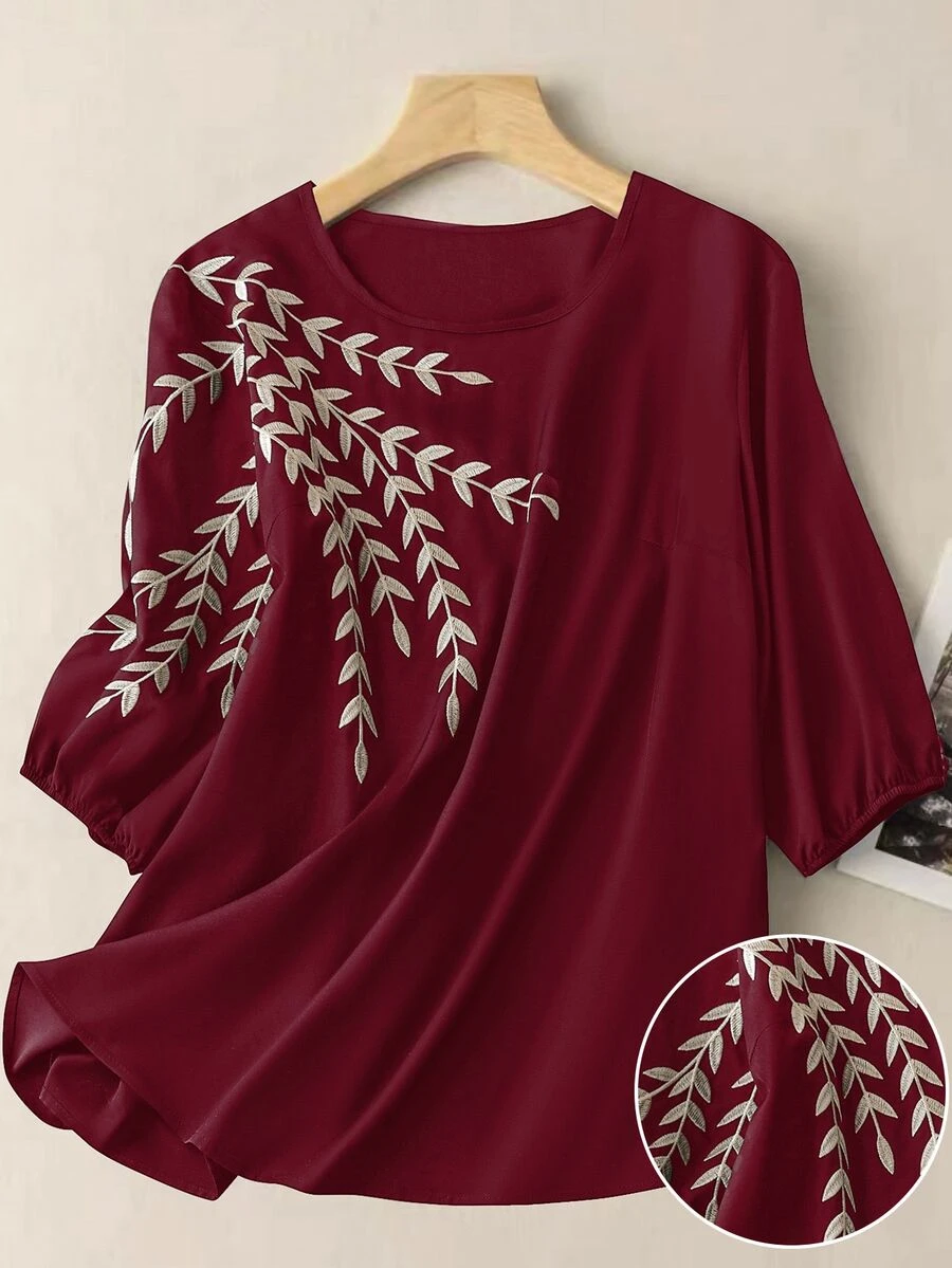 Linhara Plus Size Women Elegant Collar Contrast Color Pull-Cord Printed Blouse Fall - Burgundy - View 1