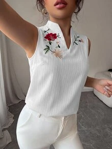Trelyra 女款無袖優雅浪漫休閒刺繡純色上衣，適合上班、早午餐、派對與休閒，春夏白色花卉 - 白色 - 查看 6