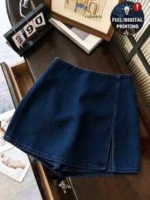 SHEIN Franclia 時尚休閒通勤百搭丹寧效果印花紋理柔軟面料高腰開衩女款短褲/裙/寬腿褲/熱褲 - 藍色 - 查看 3