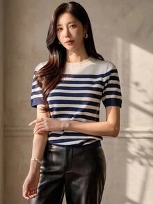 DAZY Women's Striped Colorblock Casual Daily Wear Knit Top Fall - Navy Blue - View 1