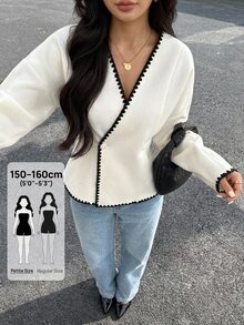 SHEIN PETITE 女款秋冬外套 純色雙排扣夾克 對比刺繡修身西裝外套 優雅法式黑白辦公通勤穿搭 - 杏色 - 查看 6