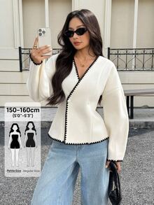 SHEIN PETITE 女款秋冬外套 純色雙排扣夾克 對比刺繡修身西裝外套 優雅法式黑白辦公通勤穿搭 - 杏色 - 查看 3