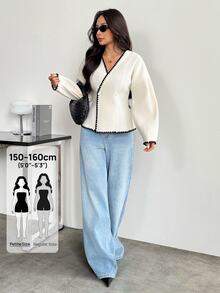 SHEIN PETITE 女款秋冬外套 純色雙排扣夾克 對比刺繡修身西裝外套 優雅法式黑白辦公通勤穿搭 - 杏色 - 查看 7