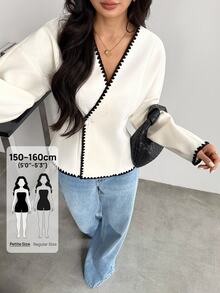 SHEIN PETITE 女款秋冬外套 純色雙排扣夾克 對比刺繡修身西裝外套 優雅法式黑白辦公通勤穿搭 - 杏色 - 查看 5