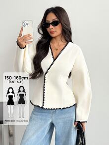 SHEIN PETITE 女款秋冬外套 純色雙排扣夾克 對比刺繡修身西裝外套 優雅法式黑白辦公通勤穿搭 - 杏色 - 查看 4