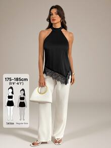 SHEIN Tall Atasan dengan Panel Renda Bulu Mata, Leher Halter, dan Hem Asimetris - Hitam - View 4