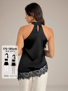 SHEIN Tall Atasan dengan Panel Renda Bulu Mata, Leher Halter, dan Hem Asimetris - Hitam - View 3