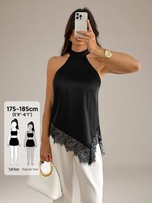 SHEIN Tall Atasan dengan Panel Renda Bulu Mata, Leher Halter, dan Hem Asimetris - Hitam - View 6