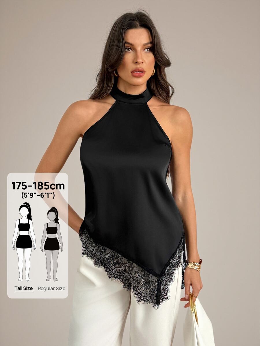 SHEIN Tall Atasan dengan Panel Renda Bulu Mata, Leher Halter, dan Hem Asimetris - Hitam - View 1