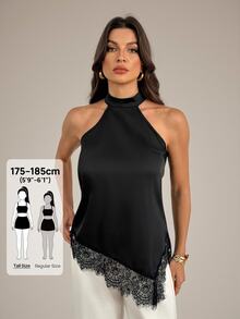 SHEIN Tall Atasan dengan Panel Renda Bulu Mata, Leher Halter, dan Hem Asimetris - Hitam - View 5
