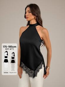 SHEIN Tall Atasan dengan Panel Renda Bulu Mata, Leher Halter, dan Hem Asimetris - Hitam - View 2