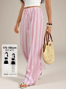 SHEIN Tall Contrast Striped Print Drawstring Waist Wide Leg Pants - Multicolor - View 3