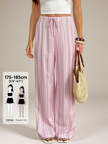 SHEIN Tall Contrast Striped Print Drawstring Waist Wide Leg Pants - Multicolor - View 1