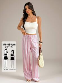 SHEIN Tall Contrast Striped Print Drawstring Waist Wide Leg Pants - Multicolor - View 2