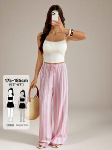 SHEIN Tall Contrast Striped Print Drawstring Waist Wide Leg Pants - Multicolor - View 4