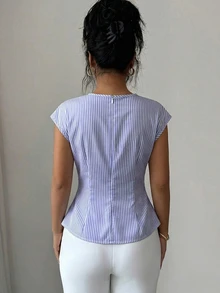 Elenzga 女士优雅条纹收腰修身衬衫，饰有金属扣，后背隐形拉链，适合日常休闲和通勤穿着。 - 藏蓝色 - 查看 2