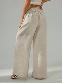 Sinnesro Women's Solid Color Drawstring Waist Casual Versatile Daily Wear Long Pants - Beige - View 3