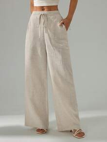 Sinnesro Women's Solid Color Drawstring Waist Casual Versatile Daily Wear Long Pants - Beige - View 7