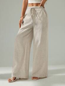 Sinnesro Women's Solid Color Drawstring Waist Casual Versatile Daily Wear Long Pants - Beige - View 9