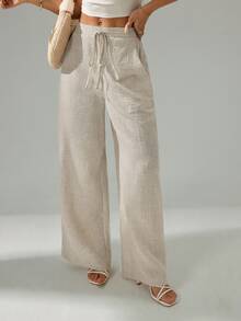 Sinnesro Women's Solid Color Drawstring Waist Casual Versatile Daily Wear Long Pants - Beige - View 6