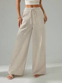 Sinnesro Women's Solid Color Drawstring Waist Casual Versatile Daily Wear Long Pants - Beige - View 5
