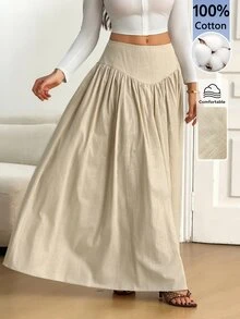 SHEIN Tall 女款百褶百搭時尚中長裙，適合日常穿著 - 杏色 - 查看 6