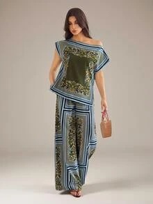 SHEIN Tall Scarf Print Asymmetrical Neck Top & Wide Leg Pants - Green - View 1