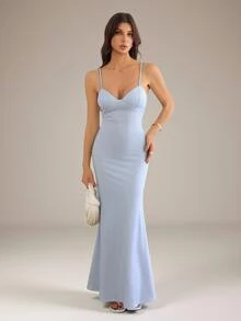 SHEIN Tall Striped Print Mermaid Hem Bustier Maxi Slip Dress - Blue and White - View 3