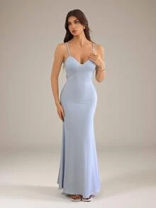 SHEIN Tall Striped Print Mermaid Hem Bustier Maxi Slip Dress - Blue and White - View 6
