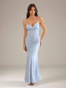 SHEIN Tall Striped Print Mermaid Hem Bustier Maxi Slip Dress - Blue and White - View 5