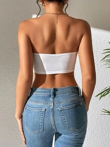 SHEIN PETITE 女款柔軟透氣白色短版抹胸上衣，無肩帶平口設計，適合休閒夏季穿著 - 白色 - 查看 3
