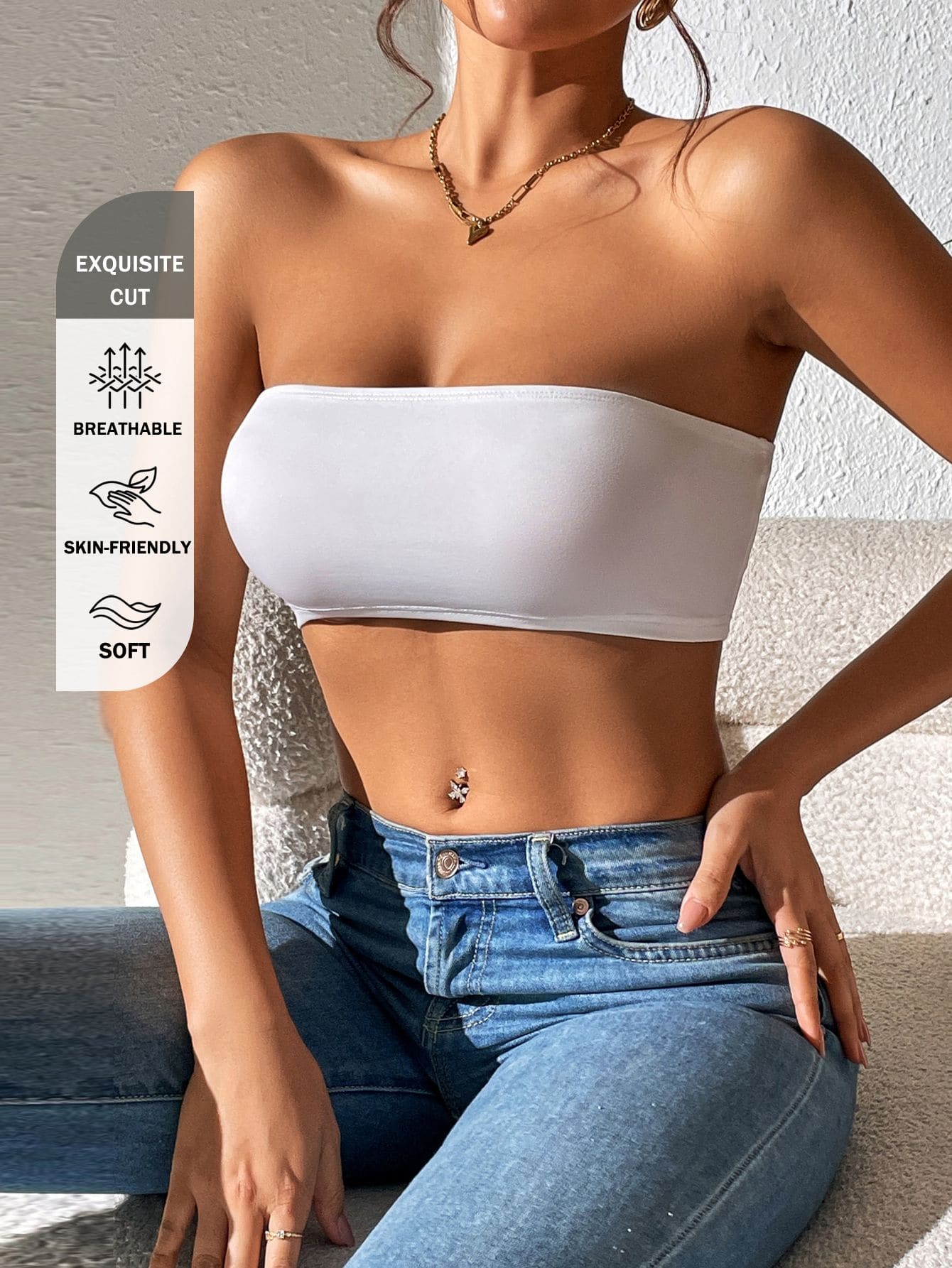 SHEIN PETITE 女款柔軟透氣白色短版抹胸上衣，無肩帶平口設計，適合休閒夏季穿著