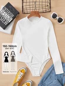 SHEIN PETITE 女款白色長袖圓領連身衣，柔軟透氣，適合日常穿著 - 白色 - 查看 8