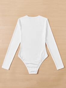 SHEIN PETITE 女款白色長袖圓領連身衣，柔軟透氣，適合日常穿著 - 白色 - 查看 2