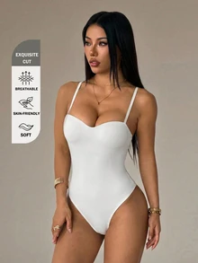 SHEIN PETITE 女款純色性感時尚細肩帶連身衣，適合嬌小女性 - 白色 - 查看 3