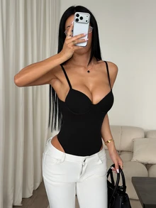 SHEIN PETITE Women's Solid Color Padded Fitted Versatile Daily Camisole Camisole - Black - View 6