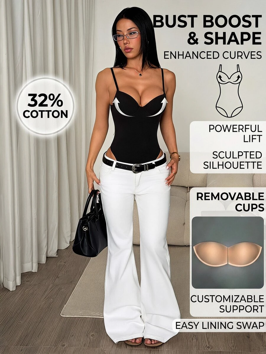 SHEIN PETITE Women's Solid Color Padded Fitted Versatile Daily Camisole Camisole - Black - View 1