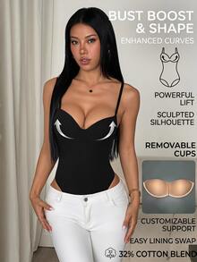 SHEIN PETITE Women's Solid Color Padded Fitted Versatile Daily Camisole Camisole - Black - View 4