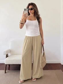 SHEIN PETITE 女款小碼米色棉混紡寬腿長褲－休閒、有紋理、適合度假 - 杏色 - 查看 5