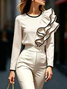 Balvessa Autumn Street Style Elegant Colorblock Ruffle Round Neck Long Sleeve Women's Top - Apricot - View 3