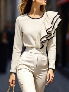 Balvessa Autumn Street Style Elegant Colorblock Ruffle Round Neck Long Sleeve Women's Top - Apricot - View 5