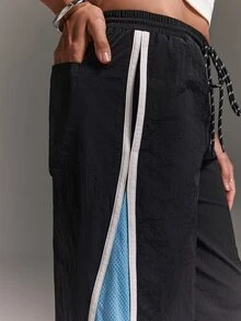 Athîral 女款休閒寬鬆黑色拼接運動長褲，日常休閒跑步健身運動休閒風 - 彩色 - 查看 2