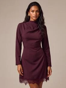 COSMINA Women's Mini Dress With Pleated Design And Lace Patchwork Details Dinner Going Out Burgundy Autumn Elegant - Burgundy - View 2