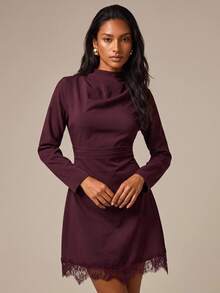 COSMINA Women's Mini Dress With Pleated Design And Lace Patchwork Details Dinner Going Out Burgundy Autumn Elegant - Burgundy - View 3