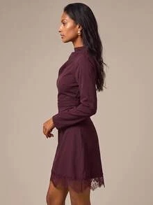 COSMINA Women's Mini Dress With Pleated Design And Lace Patchwork Details Dinner Going Out Burgundy Autumn Elegant - Burgundy - View 4