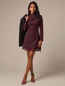 COSMINA Women's Mini Dress With Pleated Design And Lace Patchwork Details Dinner Going Out Burgundy Autumn Elegant - Burgundy - View 6